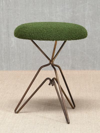 Italian Modern Pair of Sculptural Tripod Brass Stools in Green Boucl 1950s