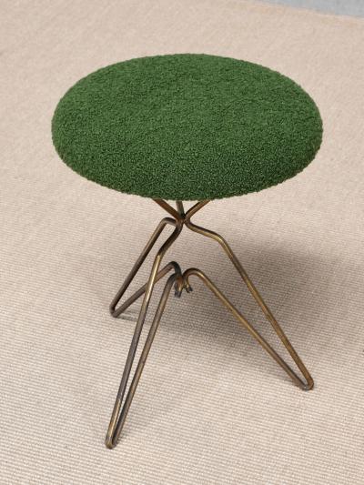 Italian Modern Pair of Sculptural Tripod Brass Stools in Green Boucl 1950s