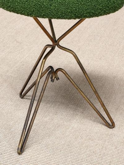 Italian Modern Pair of Sculptural Tripod Brass Stools in Green Boucl 1950s