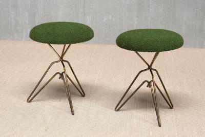 Italian Modern Pair of Sculptural Tripod Brass Stools in Green Boucl 1950s
