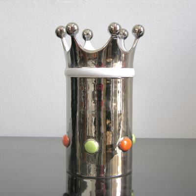 Italian Modern Silver Platinum White Majolica Crown Vase with Orange Green Dots