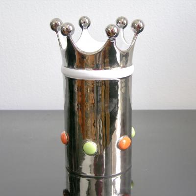 Italian Modern Silver Platinum White Majolica Crown Vase with Orange Green Dots
