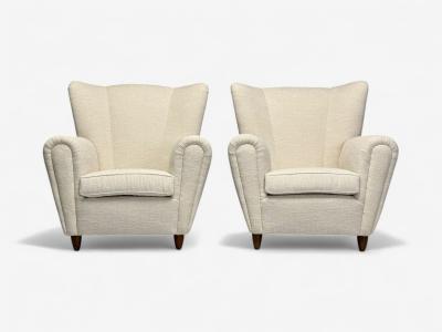 Italian Modern Stained Wood Beige Tweed Fabric Club Chairs Italy 1940s