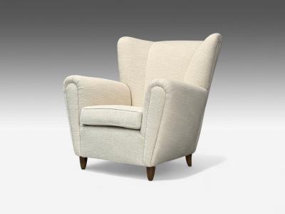 Italian Modern Stained Wood Beige Tweed Fabric Club Chairs Italy 1940s