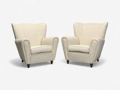 Italian Modern Stained Wood Beige Tweed Fabric Club Chairs Italy 1940s
