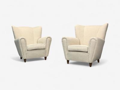 Italian Modern Stained Wood Beige Tweed Fabric Club Chairs Italy 1940s
