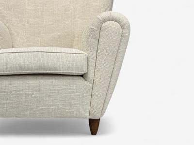 Italian Modern Stained Wood Beige Tweed Fabric Club Chairs Italy 1940s