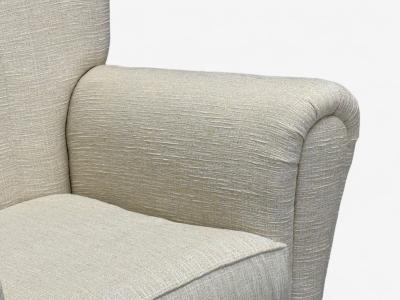 Italian Modern Stained Wood Beige Tweed Fabric Club Chairs Italy 1940s