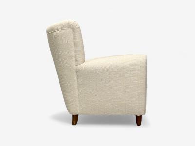 Italian Modern Stained Wood Beige Tweed Fabric Club Chairs Italy 1940s