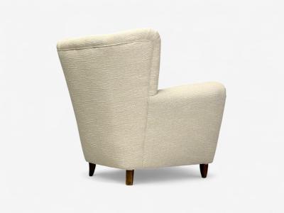 Italian Modern Stained Wood Beige Tweed Fabric Club Chairs Italy 1940s