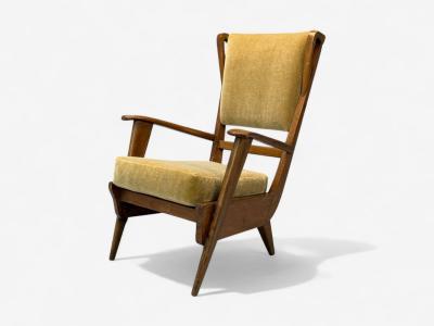 Italian Modern Stained Wood Camel Mohair Lounge Chair Italy 1950s
