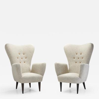 Italian Modern Upholstered High Back Armchairs with Cross Stitches Italy 1960s