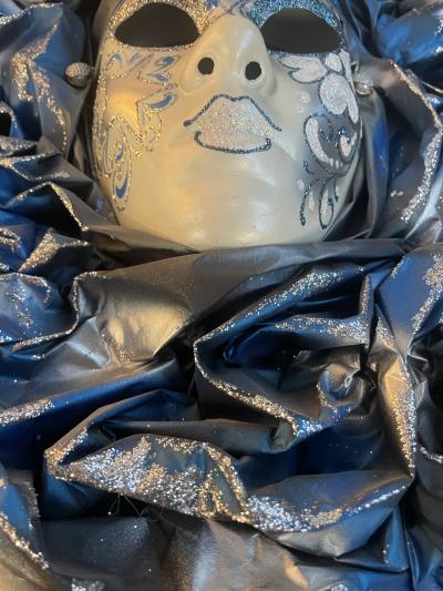 Italian Modern Venetian Carnival Handmade Silver White Blue Mask Flower Pleat