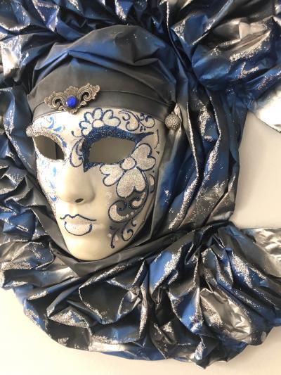 Italian Modern Venetian Carnival Handmade Silver White Blue Mask Flower Pleat