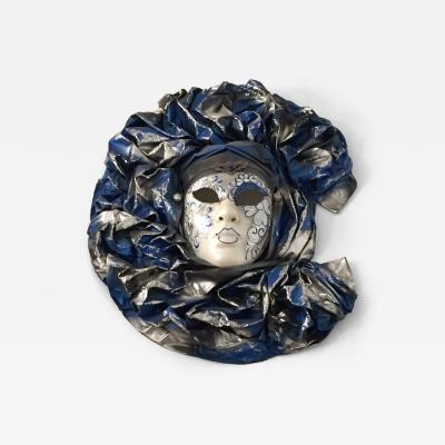 Italian Modern Venetian Carnival Handmade Silver White Blue Mask Flower Pleat