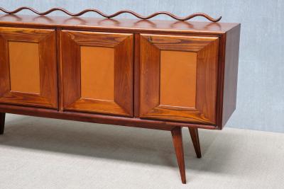 Italian Modern Walnut and Leather Sideboard with Undulating Cornice 1950s