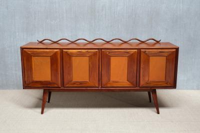Italian Modern Walnut and Leather Sideboard with Undulating Cornice 1950s