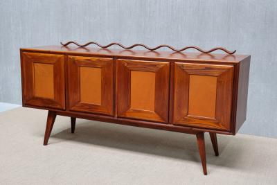 Italian Modern Walnut and Leather Sideboard with Undulating Cornice 1950s