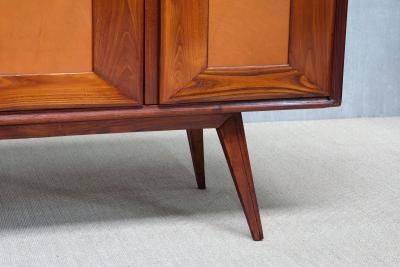 Italian Modern Walnut and Leather Sideboard with Undulating Cornice 1950s