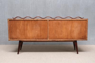 Italian Modern Walnut and Leather Sideboard with Undulating Cornice 1950s