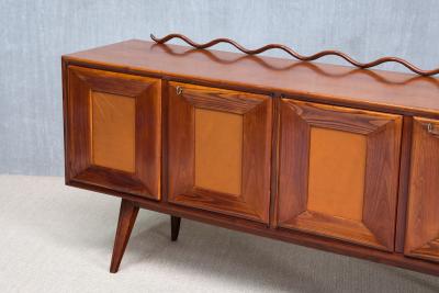 Italian Modern Walnut and Leather Sideboard with Undulating Cornice 1950s