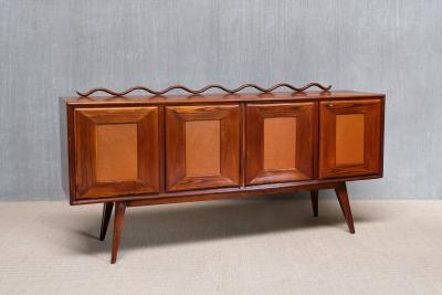 Italian Modern Walnut and Leather Sideboard with Undulating Cornice 1950s