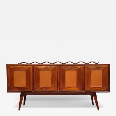Italian Modern Walnut and Leather Sideboard with Undulating Cornice 1950s