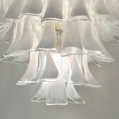 Italian Modern White and Crystal Clear Saddle Leaf Murano Glass Gold Chandelier