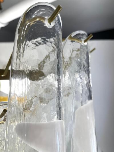 Italian Modern White and Crystal Clear Saddle Leaf Murano Glass Gold Chandelier