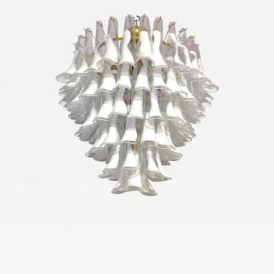 Italian Modern White and Crystal Clear Saddle Leaf Murano Glass Gold Chandelier