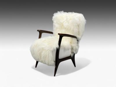 Italian Modern Wood White Shearling Lounge Chair 1950s