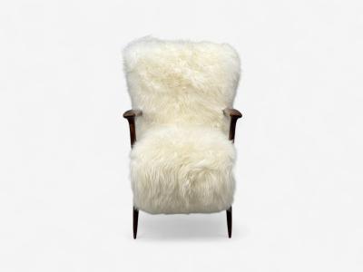 Italian Modern Wood White Shearling Lounge Chair 1950s