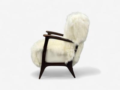 Italian Modern Wood White Shearling Lounge Chair 1950s