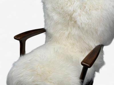Italian Modern Wood White Shearling Lounge Chair 1950s
