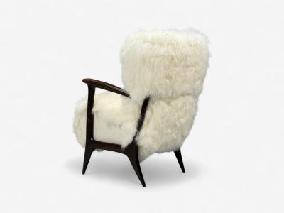 Italian Modern Wood White Shearling Lounge Chair 1950s
