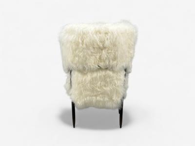 Italian Modern Wood White Shearling Lounge Chair 1950s