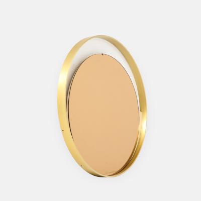 Italian Modernist Round Brass Mirror with Rose Gold Glass