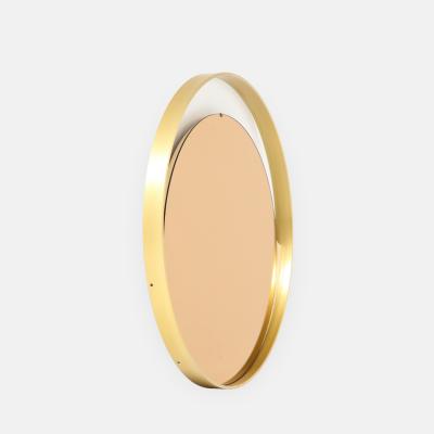 Italian Modernist Round Brass Mirror with Rose Gold Glass
