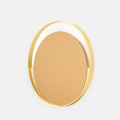 Italian Modernist Round Brass Mirror with Rose Gold Glass