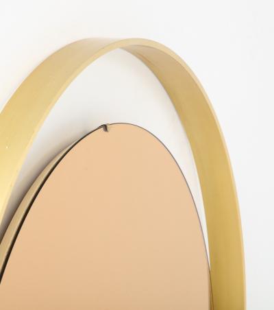 Italian Modernist Round Brass Mirror with Rose Gold Glass