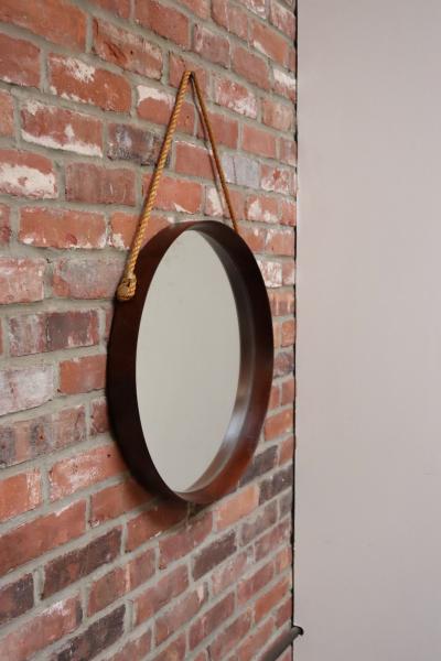 Italian Modernist Round Walnut Wall Mirror with Rope Strap and Brass Accents