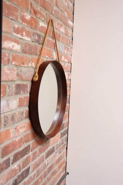 Italian Modernist Round Walnut Wall Mirror with Rope Strap and Brass Accents