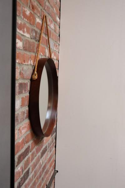 Italian Modernist Round Walnut Wall Mirror with Rope Strap and Brass Accents