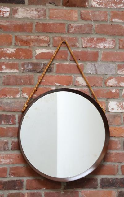Italian Modernist Round Walnut Wall Mirror with Rope Strap and Brass Accents