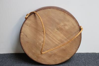 Italian Modernist Round Walnut Wall Mirror with Rope Strap and Brass Accents
