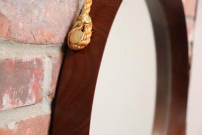 Italian Modernist Round Walnut Wall Mirror with Rope Strap and Brass Accents