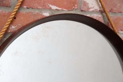 Italian Modernist Round Walnut Wall Mirror with Rope Strap and Brass Accents