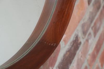 Italian Modernist Round Walnut Wall Mirror with Rope Strap and Brass Accents