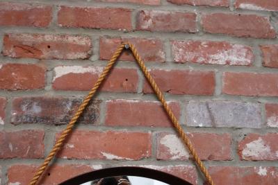 Italian Modernist Round Walnut Wall Mirror with Rope Strap and Brass Accents