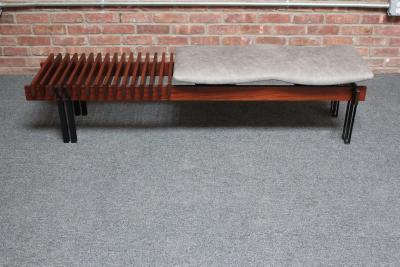 Italian Modernist Teak and Leather Bench by Inge and Luciano Rubino